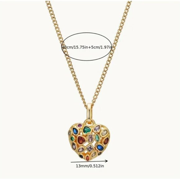 Gold-Tone 3D Heart Pendant Necklace Multi-Colored Crystals - Picture 2 of 2